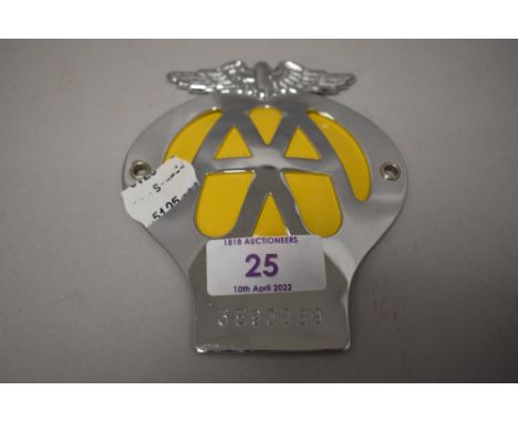 A Vintage style chrome AA membership badge, 3E93089.