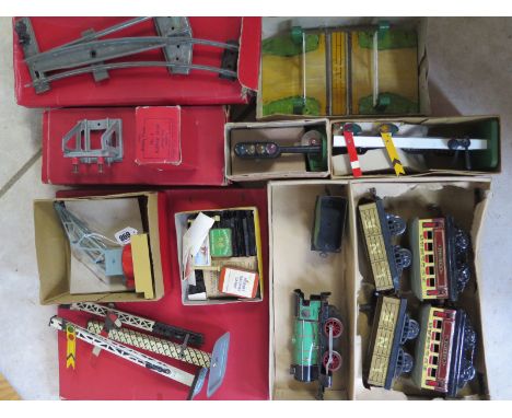 A vintage Hornby O gauge M1 passenger train set together with an assortment of Hornby rail accessories including a platform c