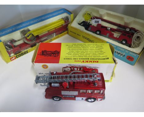 A Corgi Major Toys Simon Snorkel fire engine with seven fireman figures, an American LeFrance aerial rescue truck also a Dink