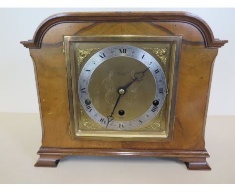 An Elliott of London walnut 8 day lever Westminster and Whittington chrome mantle clock, no key - chimes but balance stiff 