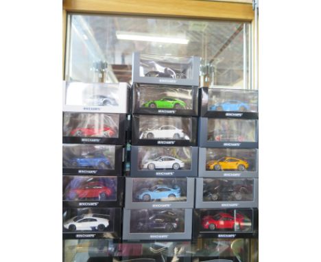 16 Minichamps 1:43 scale diecast model cars, including a Lamborghini Murcielago LP670 4 SV and a Porsche 911 GT3, for full ca