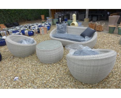 A Bramblecrest Copenhagen tub two seater sofa with two sofa chairs and coffee table in light grey all weather wicker 