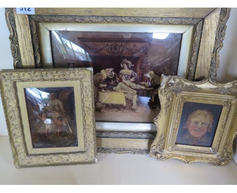 Two crystoleums in gilt frames, largest frame 33cm x 39cm and a small oil on board portrait 9.5cm x 7cm 