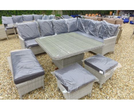 A Bramblecrest Atlanta sofa set with casual table, two stools and a bench - all in light grey coloured all weather wicker 