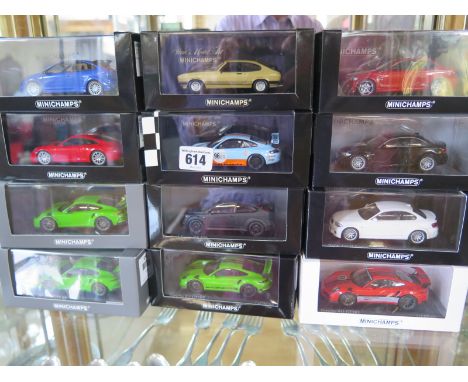 12 Minichamps, limited edition die-cast model cars, scale 1:43, including Porsche 911 GT3RS, a BMW 1ER M Coupe ACS1 Sport, al