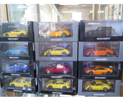 12 Minichamps 1:43 scale, die-cast model cars, including six Porsche cars, for full car model details please see images, all 