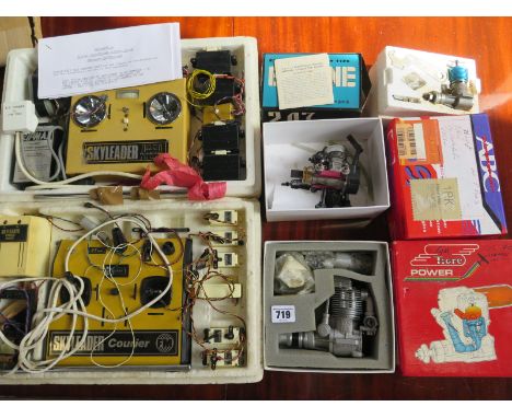 Three single cylinder air cooled engines OS F5 series, a Vertex 18, a Chinese 2.47cl engine, and two Skyleader remote control