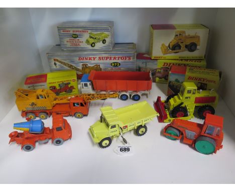 Six Dinky Super Toys and Dinky Toys construction vehicles, a 20 Ton Lorry Mounted Coles Crane 972, a Michigan 180 III Tractor