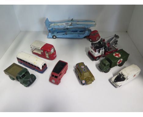 Nine vintage and retro die-cast model vehicles, including a Corgi Carrimore car transporter, a Dinky Royal Mail van 260 as we