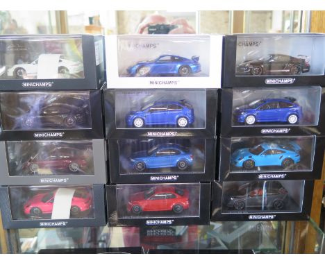 12 Minichamps die-cast 1:43 scale model cars, including Porsche 911 GT3RS, BMW 1ER M Coupe, Please see images for full car de