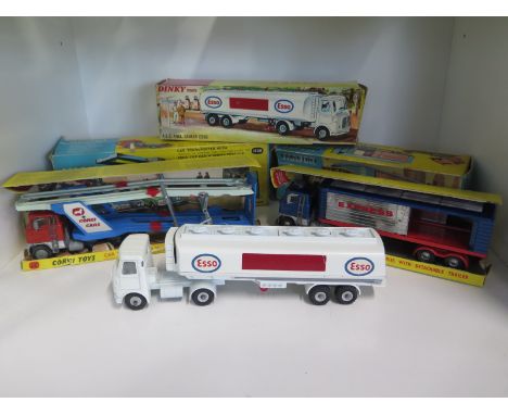 A Dinky Toys Esso A.E.C. Fuel tanker, together with two Corgi Major Toys, a Car transporter with Ford tilt cab H series tract