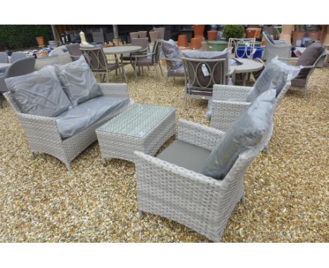 A Bramblecrest Bredon two seater sofa with coffee table in light grey coloured all weather wicker 