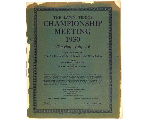Wimbledon Programme 1930, Tuesday July 1st. Both covers detached but present; final results handwritten in with Bill Tilden a