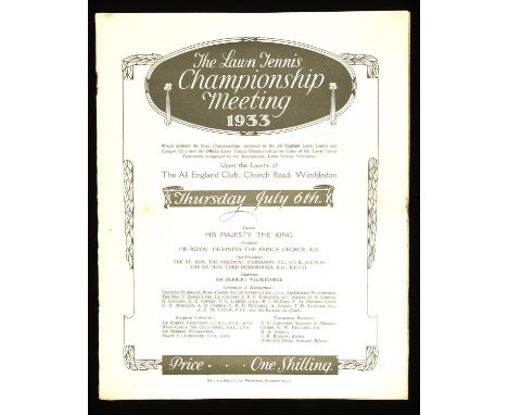 Wimbledon Programme 1933, Thursday July 6th; 10th day.Final results handwritten with Jack Crawford and Mrs Moody as singles w