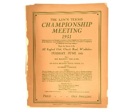 Wimbledon Programme 1931, Tuesday June 30th. Both covers detached but present; final results handwritten with Sidney Wood (un