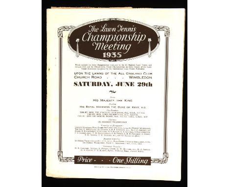 Wimbledon Programme 1935, Saturday June 29th with press cuttings inserted.Final results handwritten with Fred Perry and Mrs M
