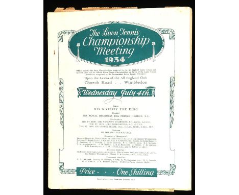 Wimbledon Programme 1934, Wednesday July 4th; press cuttings inserted; final results handwritten with Fred Perry and Dorothy 