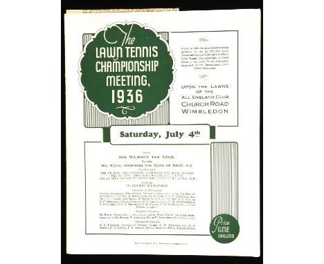 Wimbledon Programme 1936, Saturday July 4th; (final day) with press cuttings inserted.Final results handwritten with Fred Per