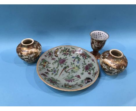 A Chinese canton enamel dish, a small pair of Satsuma vases etc