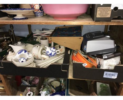 Shelf of assorted including Le Creuset