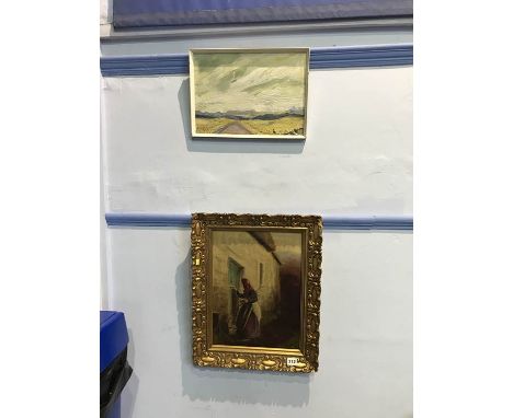 Sybil M. Wylie, oil, signed, 'On the Transvaal Highveld', 25 x 36cm and J.M. Dodds, oil, signed, 'Old lady entering a cottage