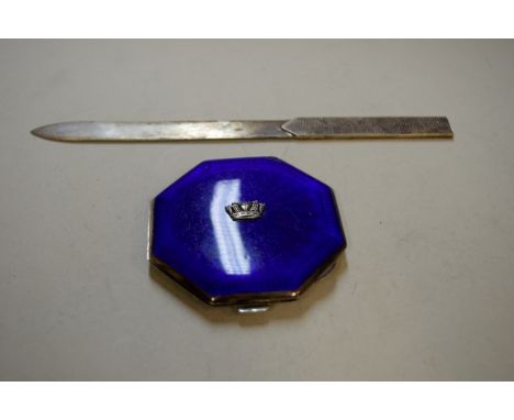 A silver and blue enamel compact, by J W B, Birmingham 1935; and a silver letter knife, by S J Round, London 1962, 20cm. Cond