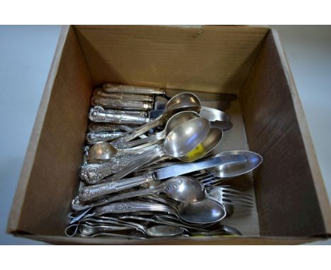 A canteen of silver Kings pattern cutlery, mixed makers and dates, comprising: four table spoons; six soup spoons; six desser