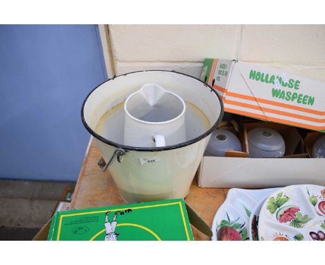 ENAMEL BUCKET AND ENAMEL JUG (2)