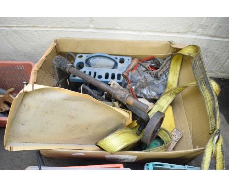 BOX OF VARIOUS TOOLS, STRAPS, PILLAR DRILL ETC