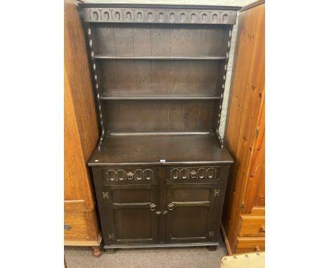 Oak shelf back dresser, barley twist gate leg dining table and set of four carved oak dining chairs (6).