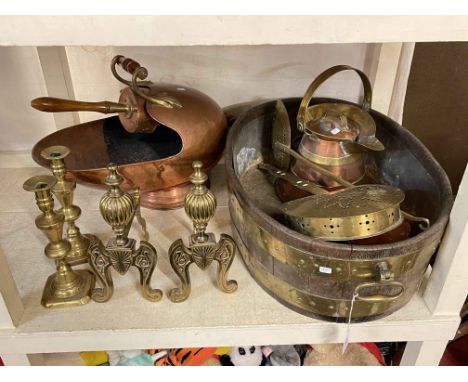 Copper coal scuttle with scoop, oak and brass bound coopered planter, pair of brass andirons, and candlesticks, copper and br