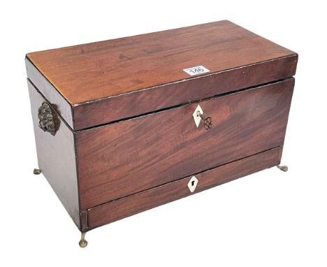 19th Century mahogany three compartment tea caddy with single front drawer, lion masks to sides raised on four ball and claw 