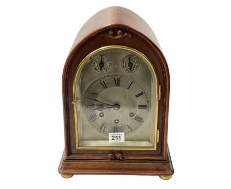 Mahogany Gustav Becker striking eight day mantel clock, 32cm high.