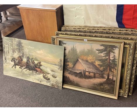 Collection of seven Russian oil paintings c1960-70 including landscapes, hunting scene, etc, largest 60cm by 78cm, including 