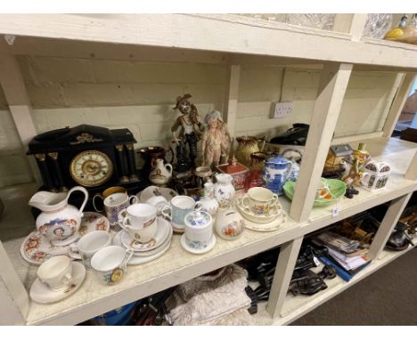 Victorian slate mantel clock, pair of bisque figures, assorted china, glass clown, etc.