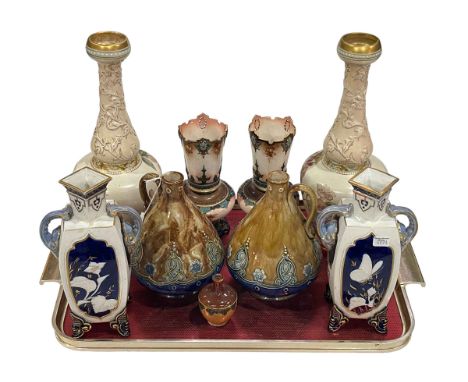 Pair of Doulton Lambeth vases and pair of bottles and small vase, pair of Hadleys Worcester vases and pair of vases.