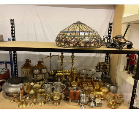 Tiffany style ceiling light and table lamp, three German silver cup holders, I Brown pewter two handled pot, stoneware jugs, 