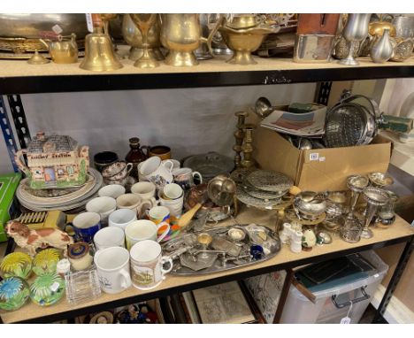 Assorted metalwares, TR7 Triumph interest, chrome car light, floral paperweights, commemorative cups, etc.