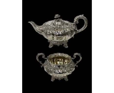 Early Victorian silver teapot and sugar basin, the bodies with foliate embossed panels, marker mark CF, London 1838, teapot 1