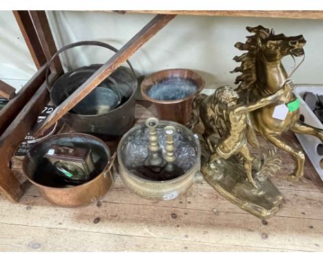 Large brass Marley Horse, copper and brass buckets, mantel clock, etc.