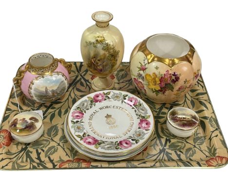 Collection of Royal Worcester including vase decorated with lovers in garden, vase decorated with village scene, Blush vase, 