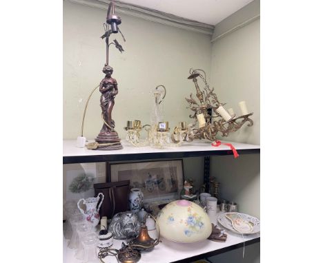 Figural table lamp, ceiling lights, Art Deco style glass shade, cased binoculars, porcelain, etc.