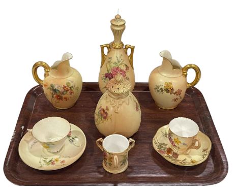 Collection of Royal Worcester Blush including two flat back jugs, pot pourri lidded vase, two handled lidded vase, pair of ca