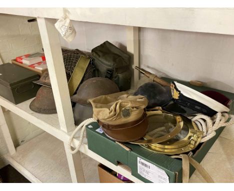 Two large RNLI flags, assorted helmets, ammunition boxes, nautical items including caps, etc.
