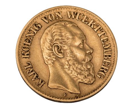 Dt. Kaiserreich /GOLD - 10 Mark Württemberg, Karl 1873 /F ca. 3,96g, ss+ mit leichter Verschmutzungen, Kratzer. | German Empi