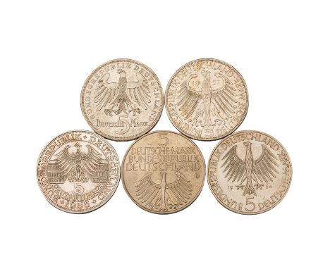 BRD Top 5 - 5 DM 1952 D Germanisches Museum, 5 DM 1955 F Schiller, 5 DM 1955 G Markgraf v. Baden, 5 DM 1957 J Eichendorff und