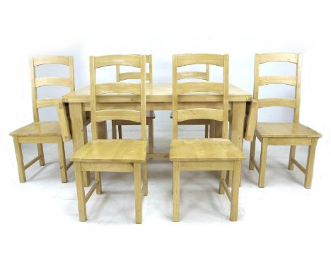 A modern beech dining table and six chairs, rectangular surface with drop leaves, square section legs, 90 by 200 by 75.5cm hi