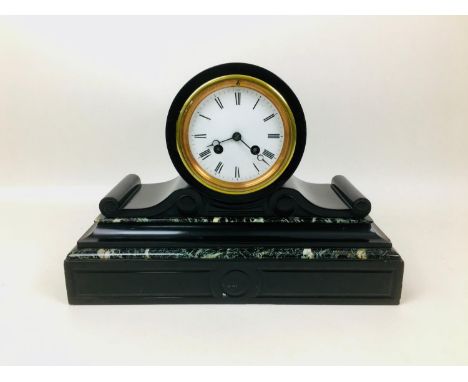A group of three mantel clocks, comprising a Victorian slate clock, 25 by 35cm, a Victorian white alabaster clock with visibl