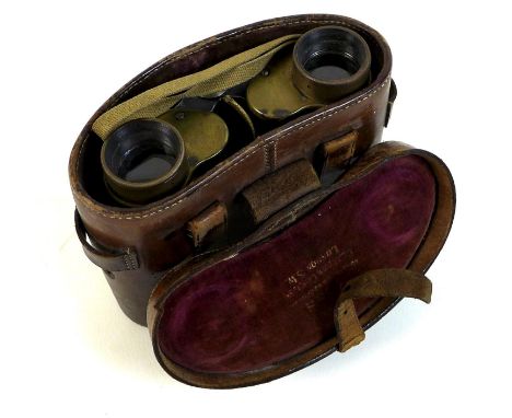 A pair of WWII military binoculars, brass and black leather covered, engraved markings ?Taylor-Hobson 1941 O.S. 108 M.A. Bino
