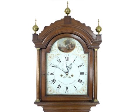 An early 19th century oak long case clock, Jos. Wilson of Stamford, with painted arch dial depicting  local landscape scene, 